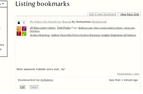 Personal bookmark listing on AO3