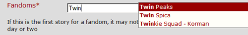 AO3 fandom field, with autofill options