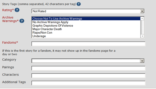 AO3 metadata upload information with default settings
