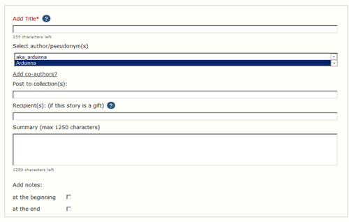 AO3 story info section for uploading